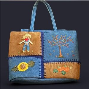 Vintage Embroidered Fall Themed Straw Scarecrow Patchwork Tote Bag - Blue & Tan